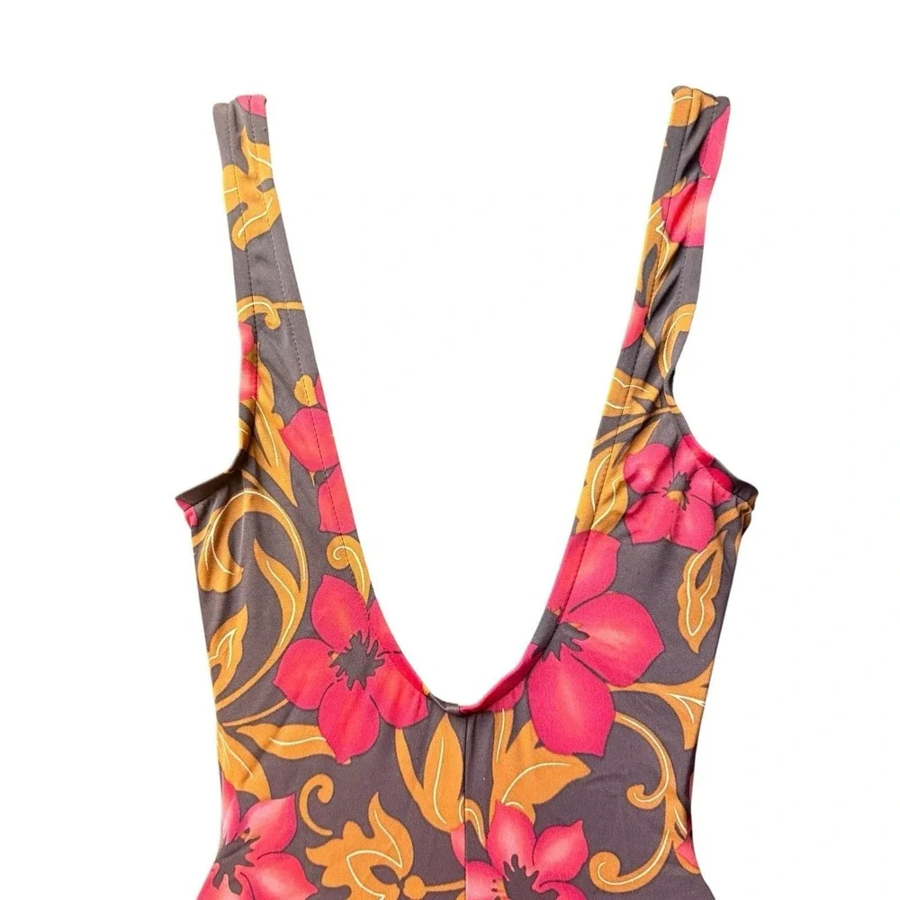 Vintage Maxine Swimsuit Size 12‎ One Piece Hawaiian Floral Brown Red Ruched